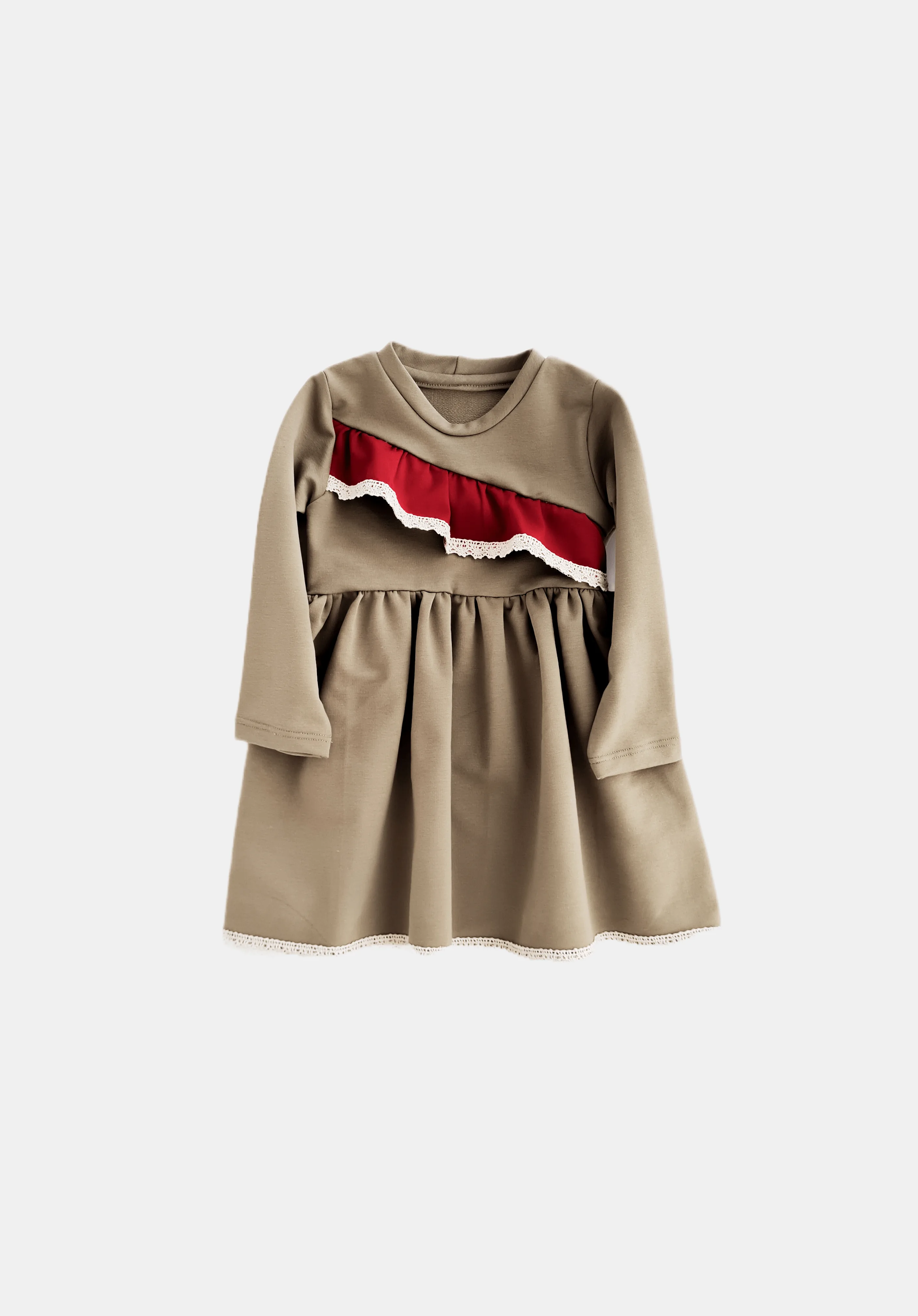Christmas olive green dress with a red slanted ruffle - Balabini Christmas olive green dress with a red slanted ruffle - Balabini